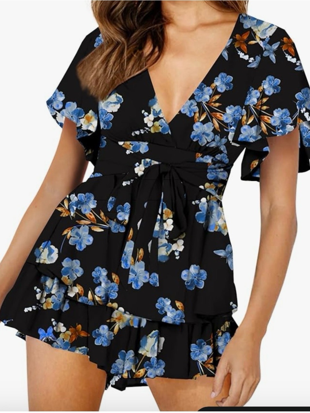 NEW Women's Black Floral Mini Romper Dress with Blue Blossoms XXL